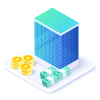 Centralización de los recaudos Icono de un edificio enfrente de una pila d emondas y 3 fajos de billetes