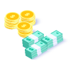 Icono de 3 pilas de monedas junto a 3 fajos de billetes