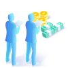 Icono de dos personas frente a 3 fajos de billetes y 3 pilas de monedas